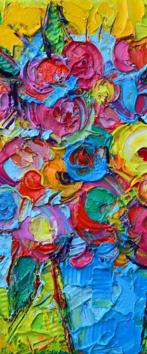 ABSTRACT COLORFUL WILD ROSES IN BLUE POT - modern impressionism textural impasto palette knife original oil painting on canvas contemporary floral art by Ana Maria Edulescu by ANA MARIA EDULESCU