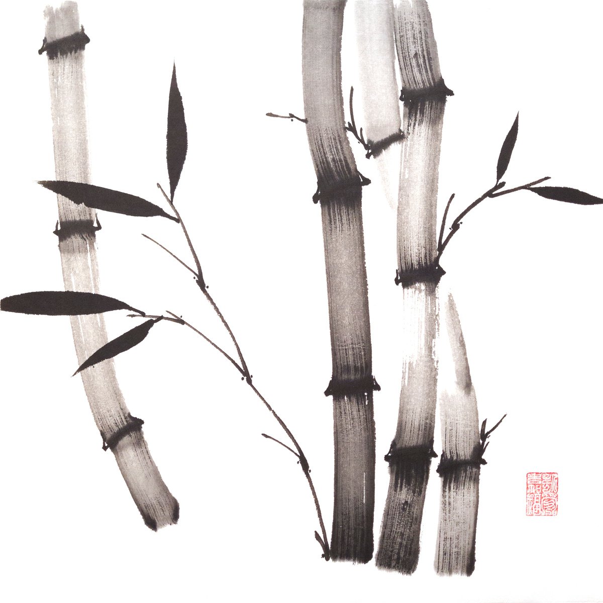 Three and one - Bamboo series No. 2107 - Oriental Chinese Ink Painting by Ilana Shechter