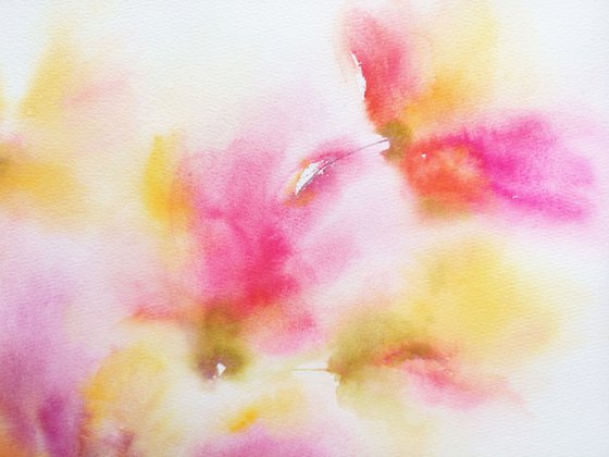 Pink yellow flowers bouquet, watercolor abstract floral wall art "Sun day"