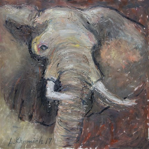 Animals oil painting Brown Elephant Artwork 28", Original oil on canvas painting, Unique technic art, Sales by Leo Khomich