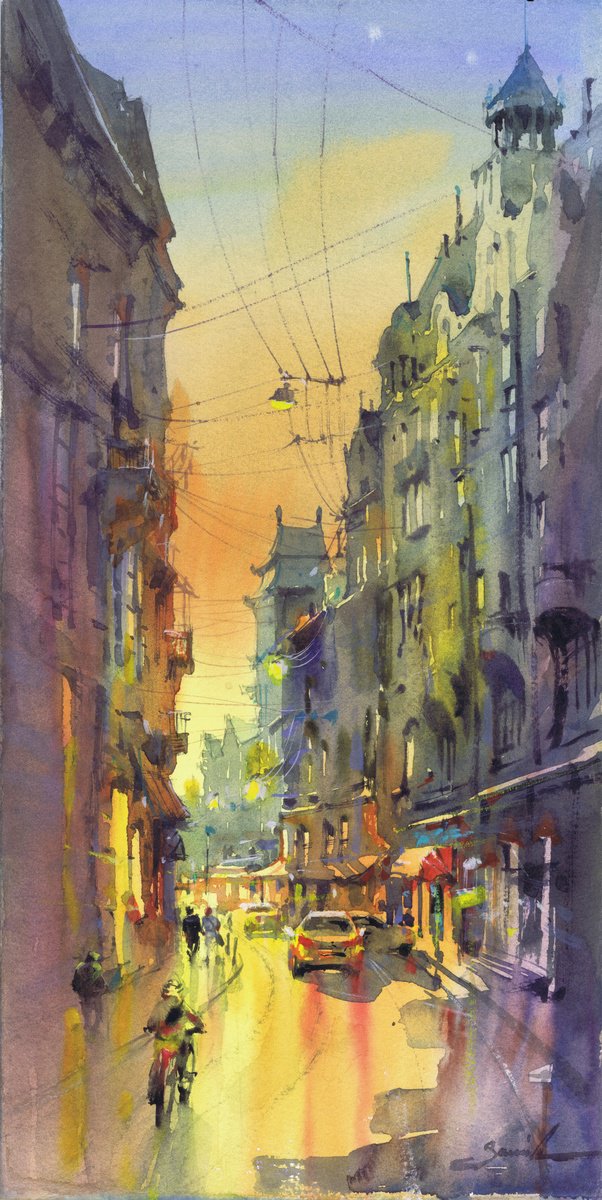Expressive Cityscapes Watercolour By Samira Yanushkova, 8 X 16", City In Motion, Original Artwork