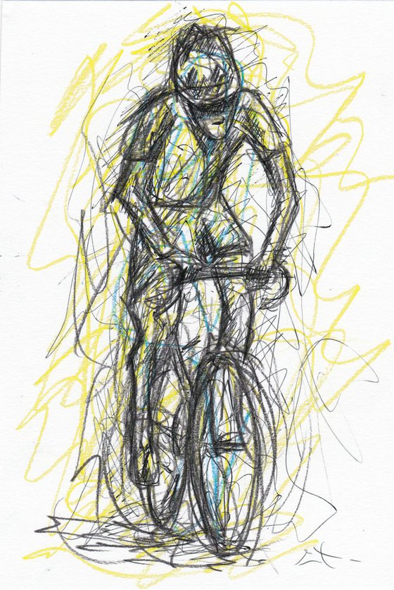 Esquisse crayon bleu jaune et encre, Cycliste