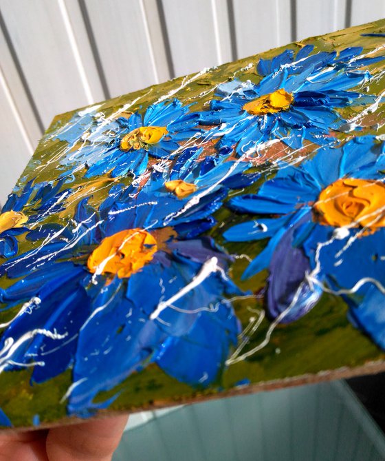 Daisy Painting Floral Original Art Meadow Flowers Oil Impasto Small Wall Art 6 by 6 inches