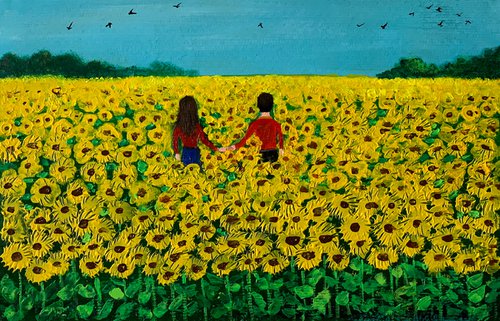 Couple in sunflower field! A4 Painting on paper by Amita Dand