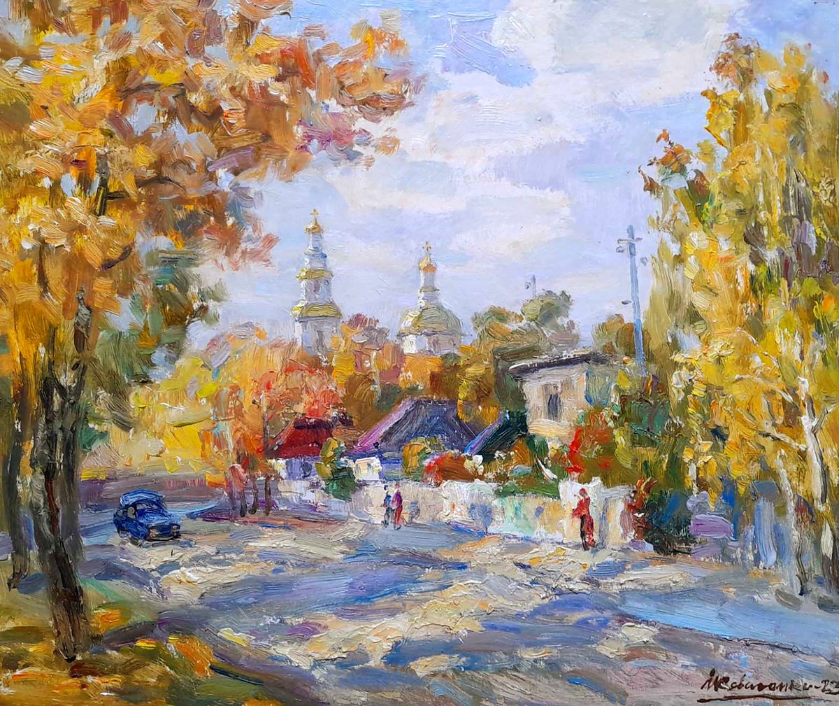 Impressionistic Landscape Oil Painting By Ivan Kovalenko, 19 X 16, City Life, Original Artwork