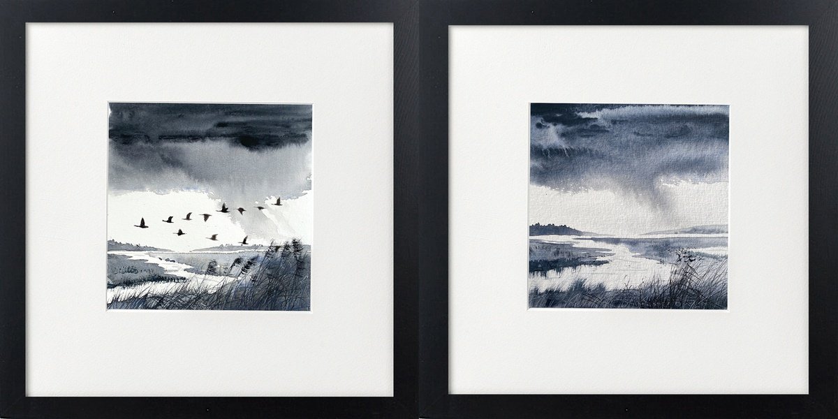 Expressive Landscape Watercolour By Teresa Tanner, 10 X 10", Two Marshes Views Framed, Original Artwork