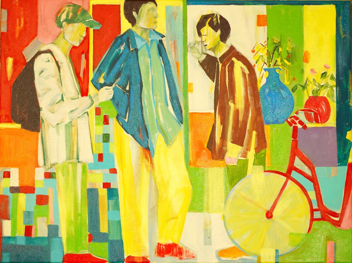 Expressive Portrait Oil Painting By Anahita Amouzegar, 25 X 19, Streetlight Conversations Ii, Original Artwork