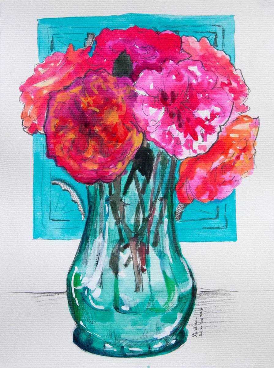 Garden roses in the green vase sketch #3 by Daria Yablon-Soloviova