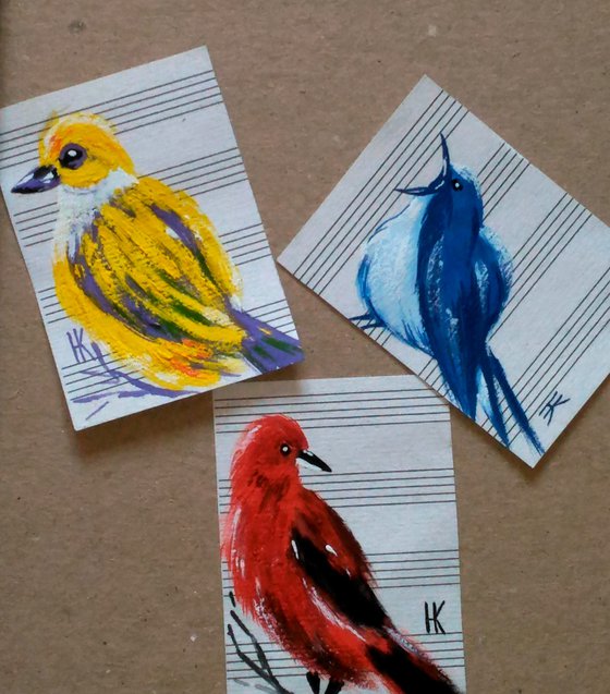 Tanager Painting ACEO Bird Original Art Silver-Throated Tanager Gouache Small Original Artwork 2.5 by 3.5" by Halyna Kirichenko