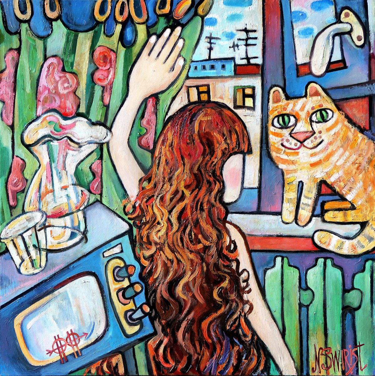 Impressionistic Portrait Oil Painting By Nikita Ostapenco, 28 X 28", Morning And Tv, Original Artwork