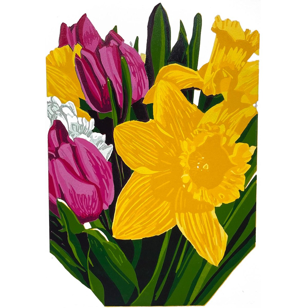 Illustrative Botanical Linocut By Kirstie Dedman, 10 X 15", Spring Bouquet, Original Artwork