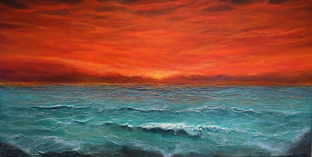 Impressionistic Landscape Acrylic Painting By Tamara Bettencourt, 24 X 12", Seascape Painting - Tuscan Skies - ?, Original Artwork