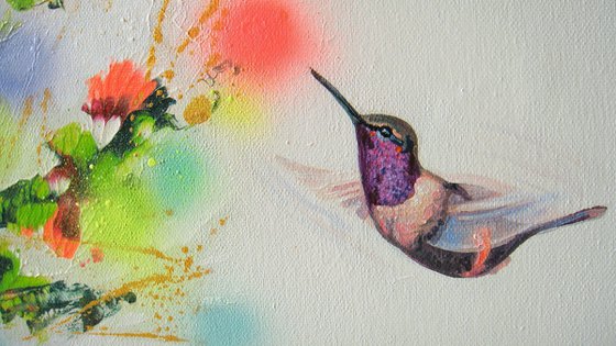 Flowers and Hummingbirds, Large Painting