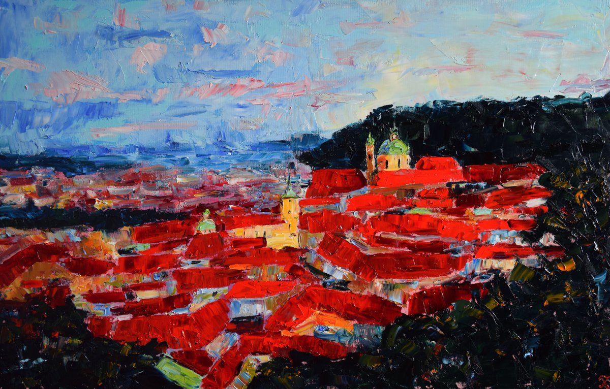 Prague Original Palette Knife Oil Painting, Large Artwork, Red Roofs Art, Europe Wall Art by Kate Grishakova
