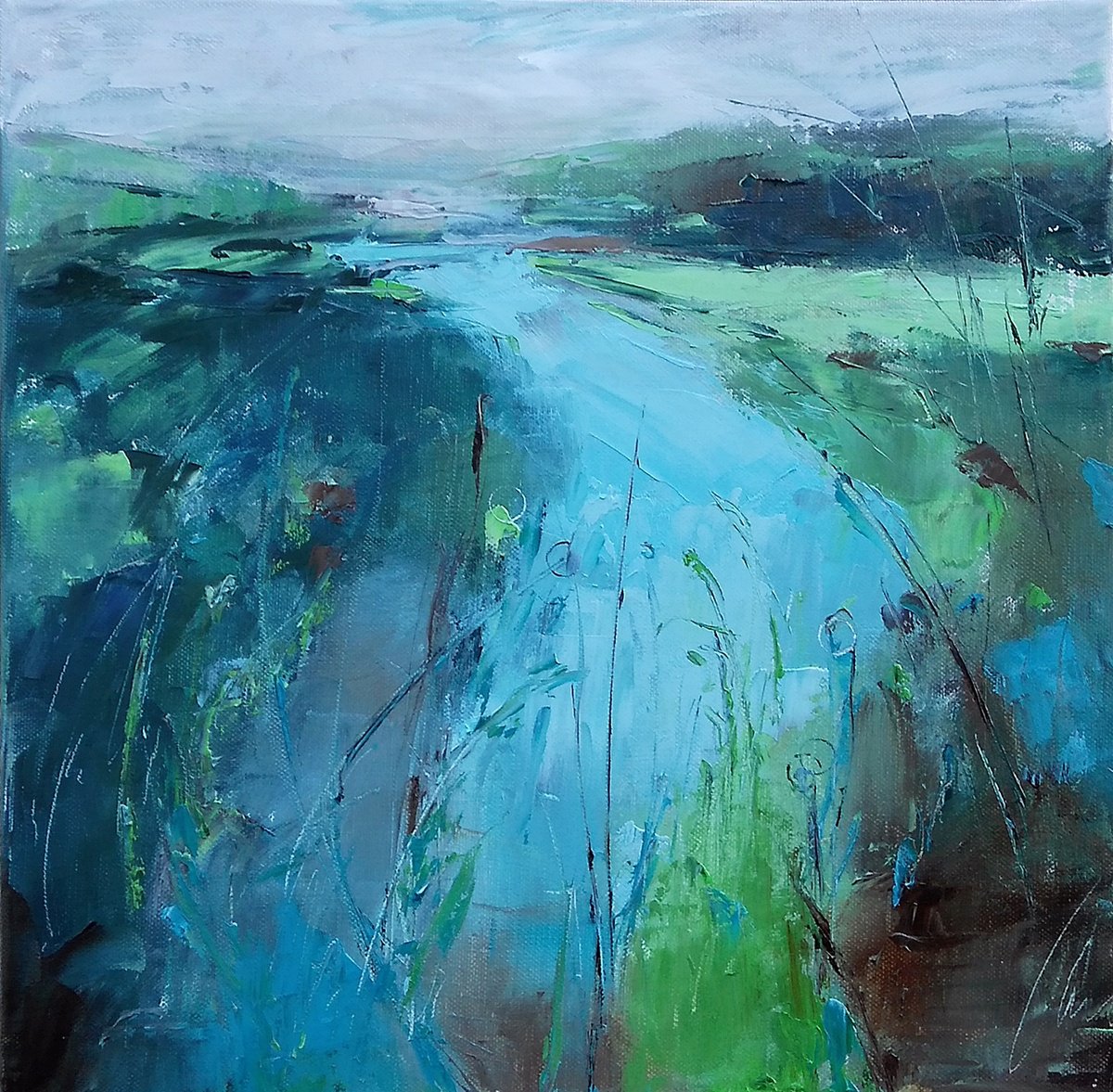 GRASS VERSE, 40x40cm, blue fields landscape by Emilia Milcheva