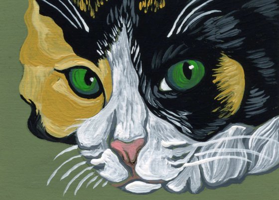 ACEO ATC Original Miniature Painting Calico Cat Pet Feline Art-Carla Smale