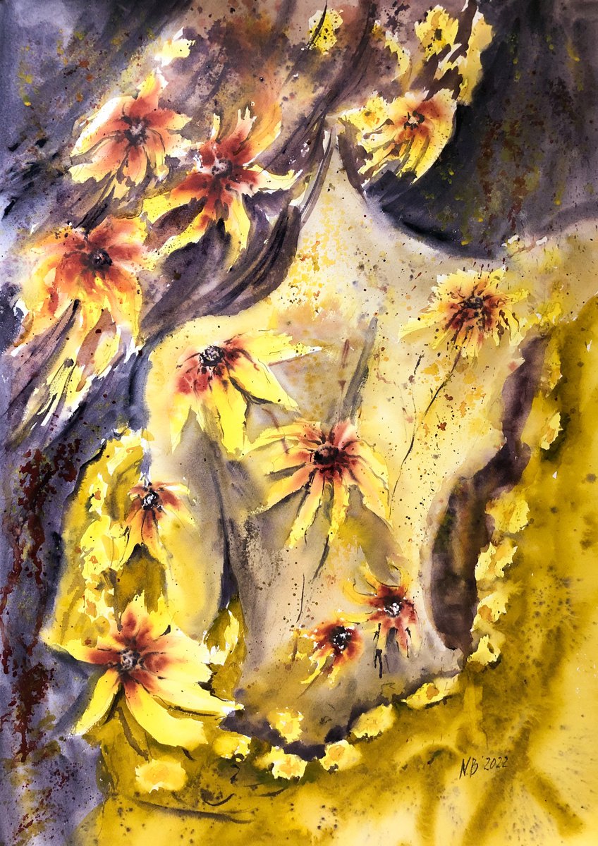 SUMMER LADY. YELLOW FLOWER FANTASY ART by Nadezhda Bogomolova