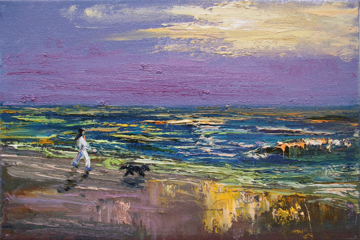 Walk with a Friend ... Sea shore. Sunset /  ORIGINAL PAINTING by Salana Art Gallery