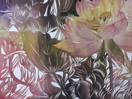 Lotus with dragonfly watercolor with paper cut