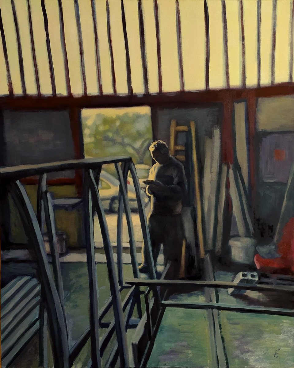 Impressionistic Portrait Oil Painting By Nikola Gulev, 32 X 39", "Light And Labor", Original Artwork