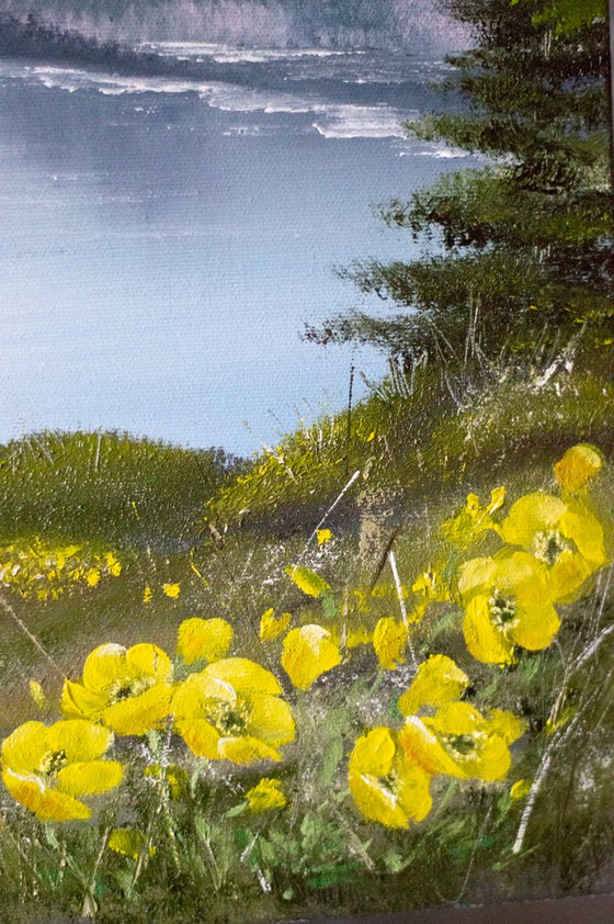 "Lake in the Mountains" original oil painting on canvas. Mountains lake. Nature. Flowers. Spring Trees. Spring
