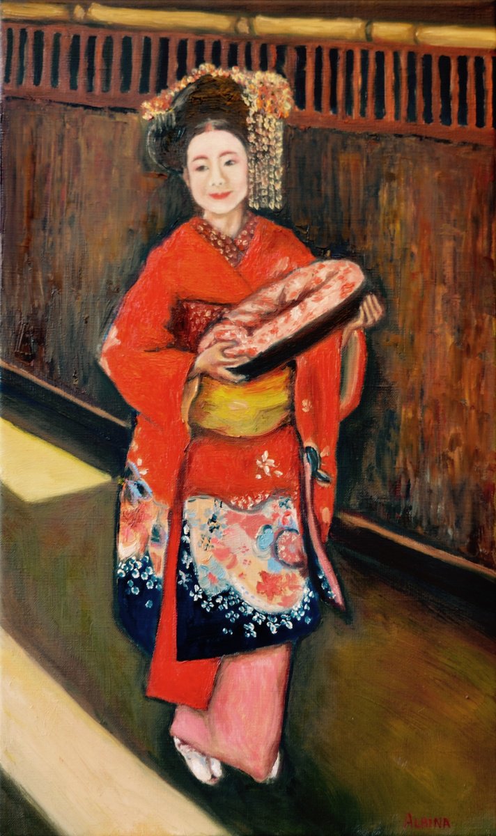 Impressionistic Portrait Oil Painting By Albina Urbanek, 13 X 21, Geisha, Original Artwork