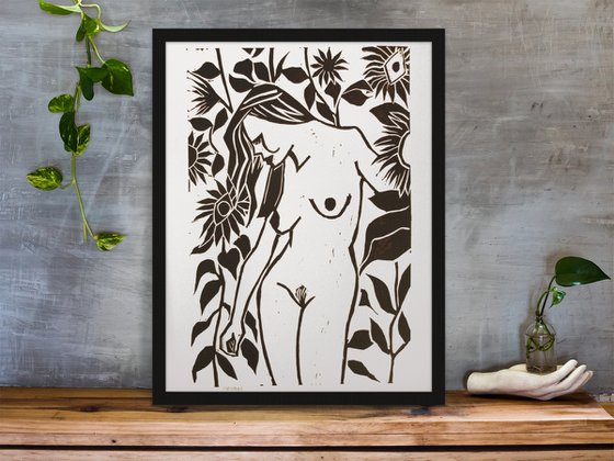 Standing Nude Amongst Sunflowers Expressionist Lino Cut Hand Pulled Print
