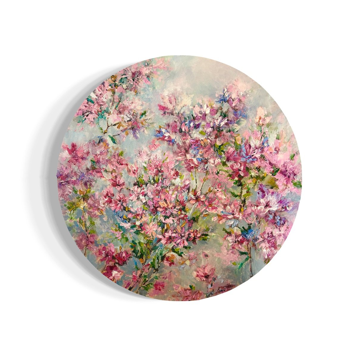 Impressionistic Botanical Oil Painting By Olga Beketova, 16 X 16", Cherry Blossom, Original Artwork