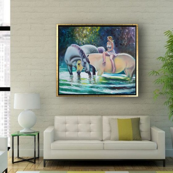 HORSE RIDING OF A DREAMY YOUNG WOMAN Impressionist Oil Painting