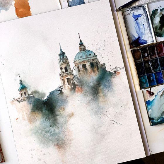 Prague Skyline, Roofs of Prague Cityscape Loose Watercolor