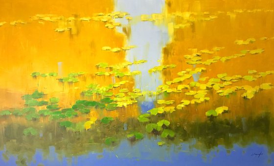 Waterlilies in Autumn, Large Original oil Painting, Handmade artwork, One of a Kind