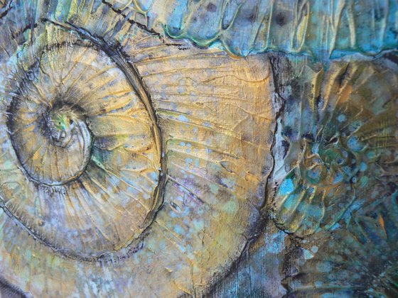 Turquoise Ammonites #2 (textured fossil artwork, ready to hang)