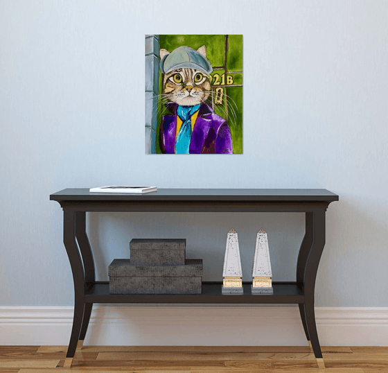 Troy The  Cat- Sherlock Holmes  Baker  Street 221 B   oil painting for cat lovers.