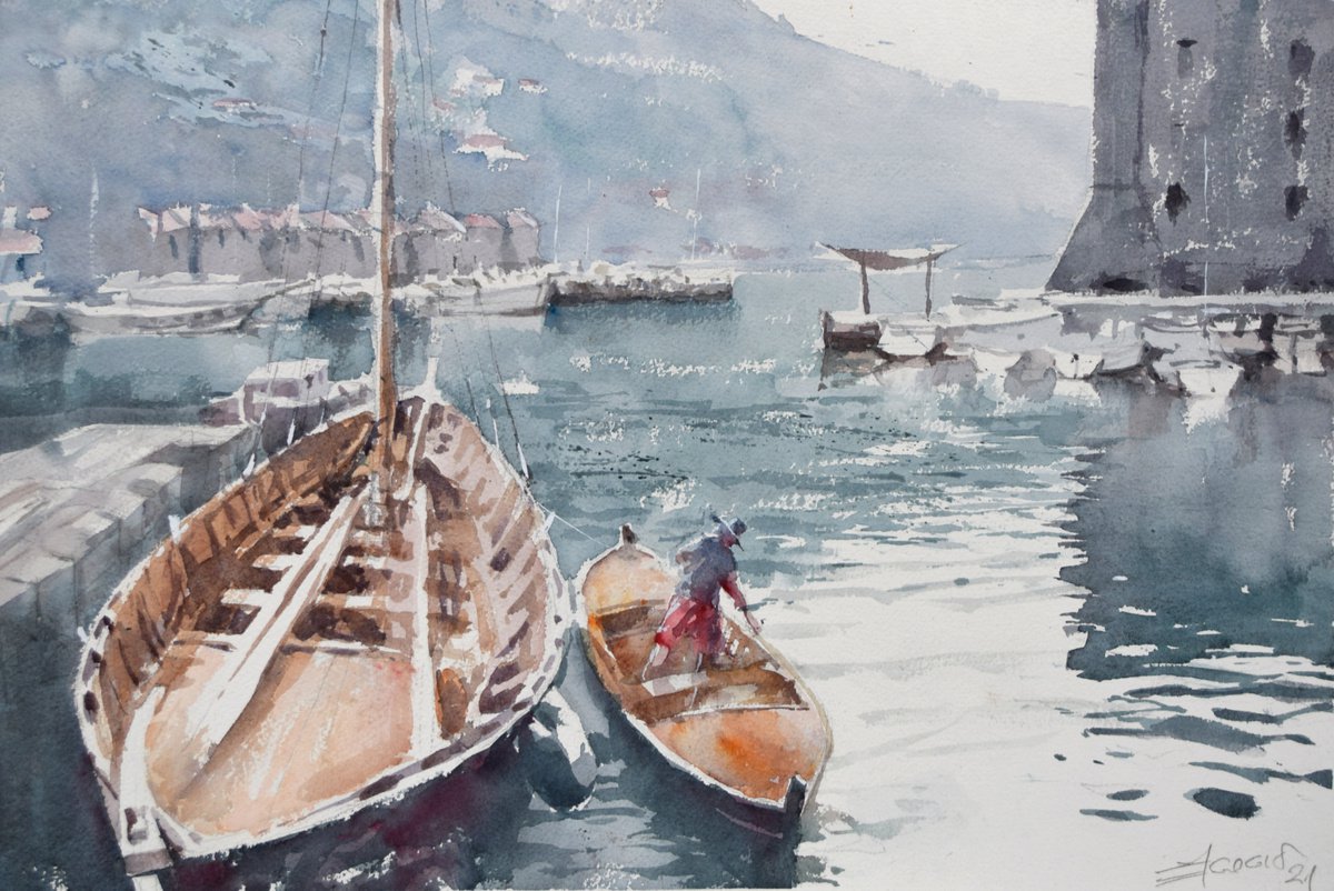 Dubrovnik harbor 2 by Goran igoli? Watercolors