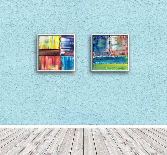 "Soulmates" - FREE USA SHIPPING - Original PMS Abstract Diptych Oil Paintings On Wood, Framed - 26" x 13"