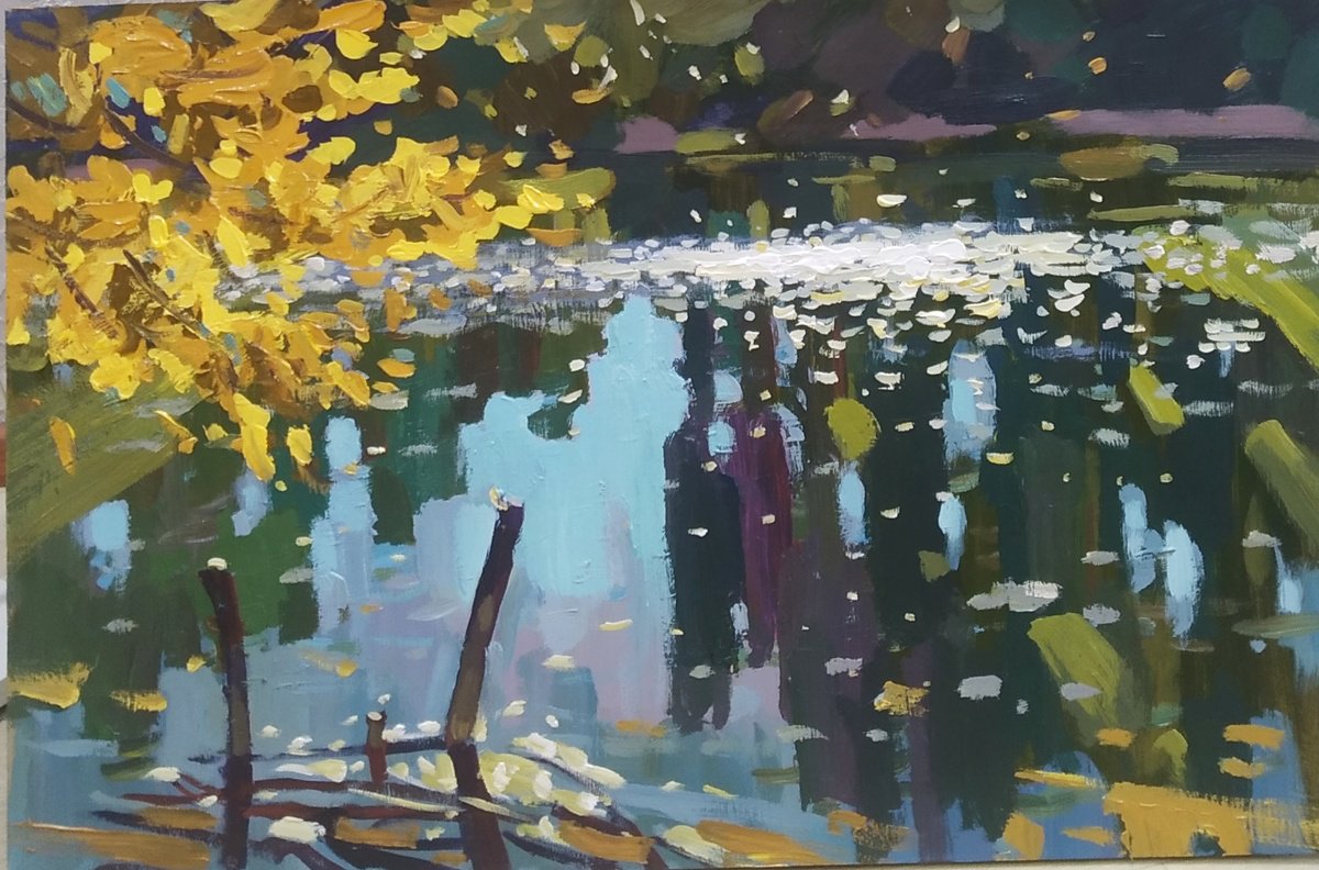 Impressionistic Landscape Acrylic Painting By Sergey Kachin, 31 X 21", Autumn On The River, Original Artwork