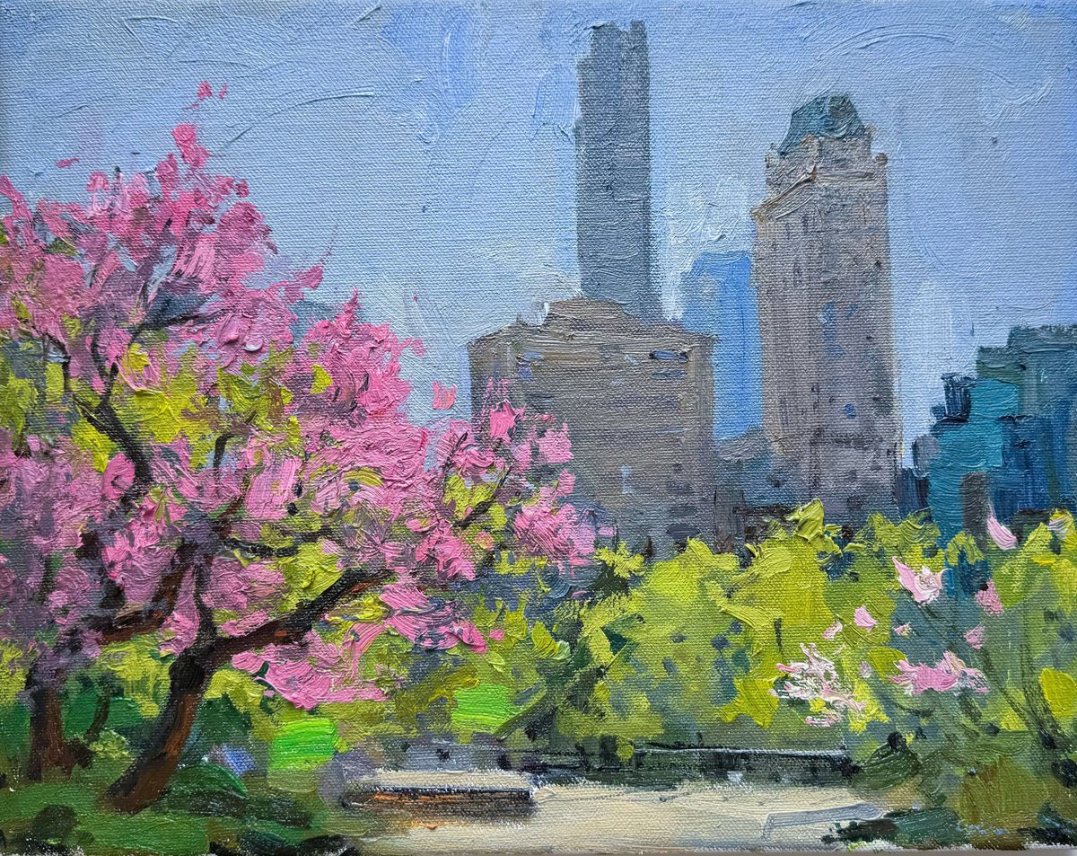 Impressionistic Botanical Oil Painting By Nataliia Nosyk, 14 X 11", The Cherry Blossom In Central Park, Original Artwork