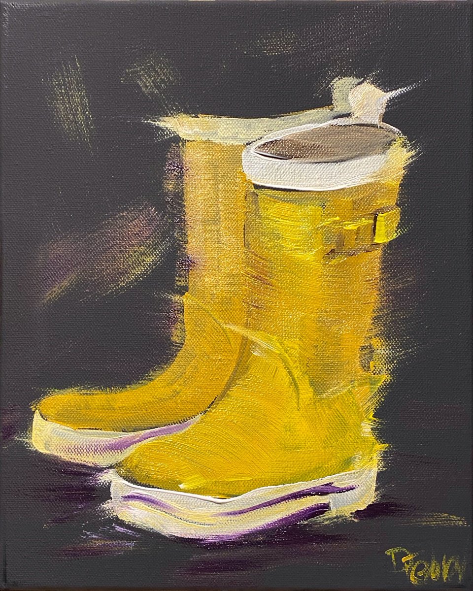 Impressionistic Still Life Acrylic Painting By Dmitry Fedorov, 10 X 12, Yellow Rubber Boots, Original Artwork