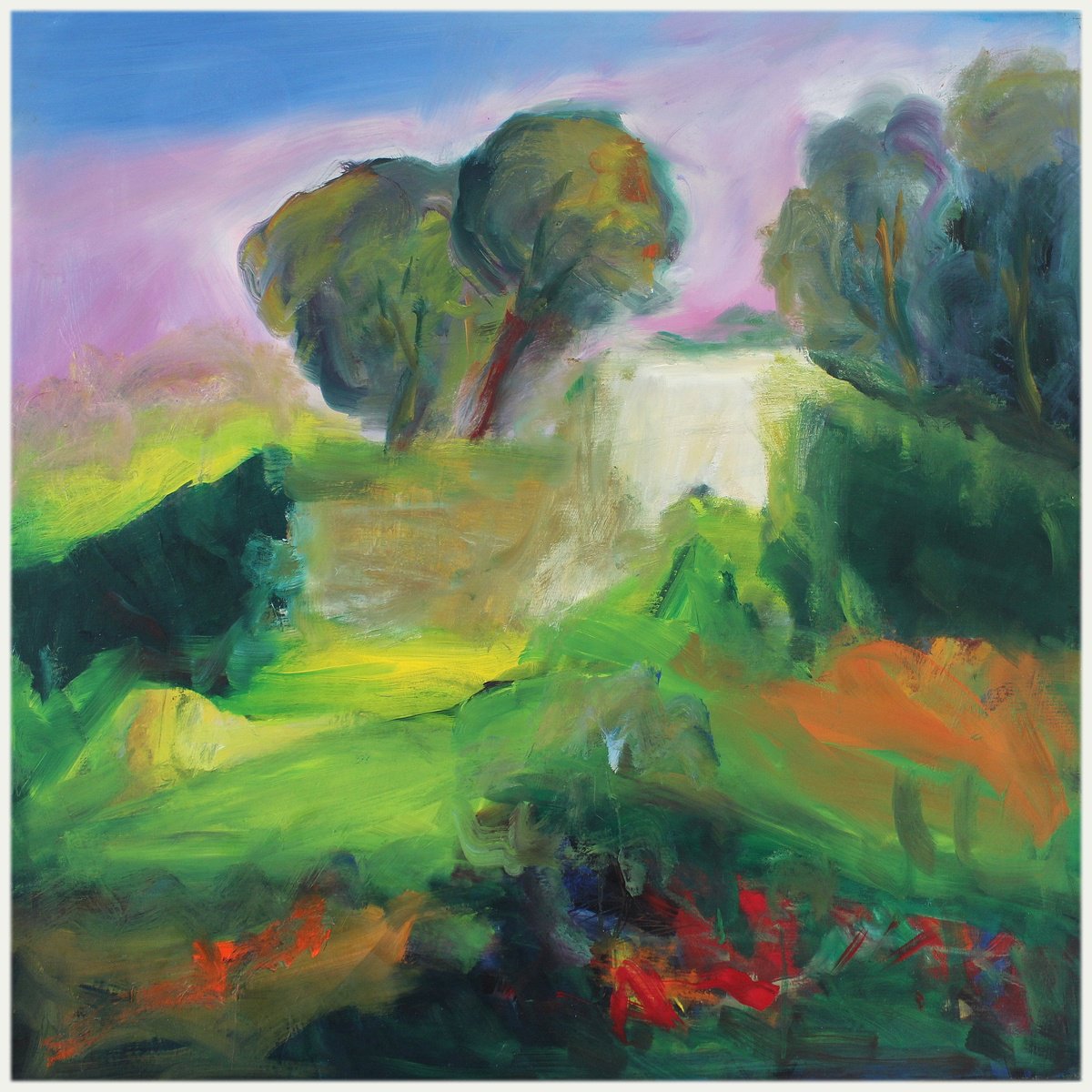 Expressive Landscape Oil Painting By Victorine Follana, 28 X 28", Les Deux Pins, Original Artwork