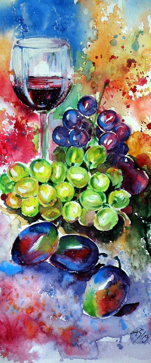 Still life with wine and fruits by Kovács Anna Brigitta