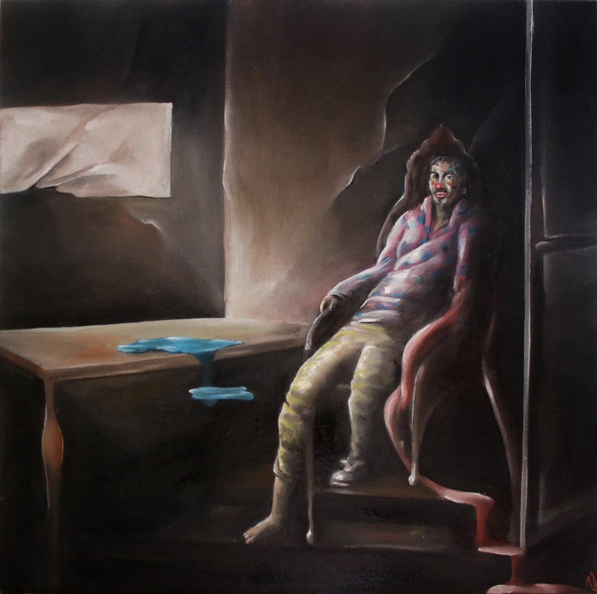 Surrealistic Portrait Oil Painting By Vanessa T Stefanova, 16 X 16", Clownavaggio, Original Artwork