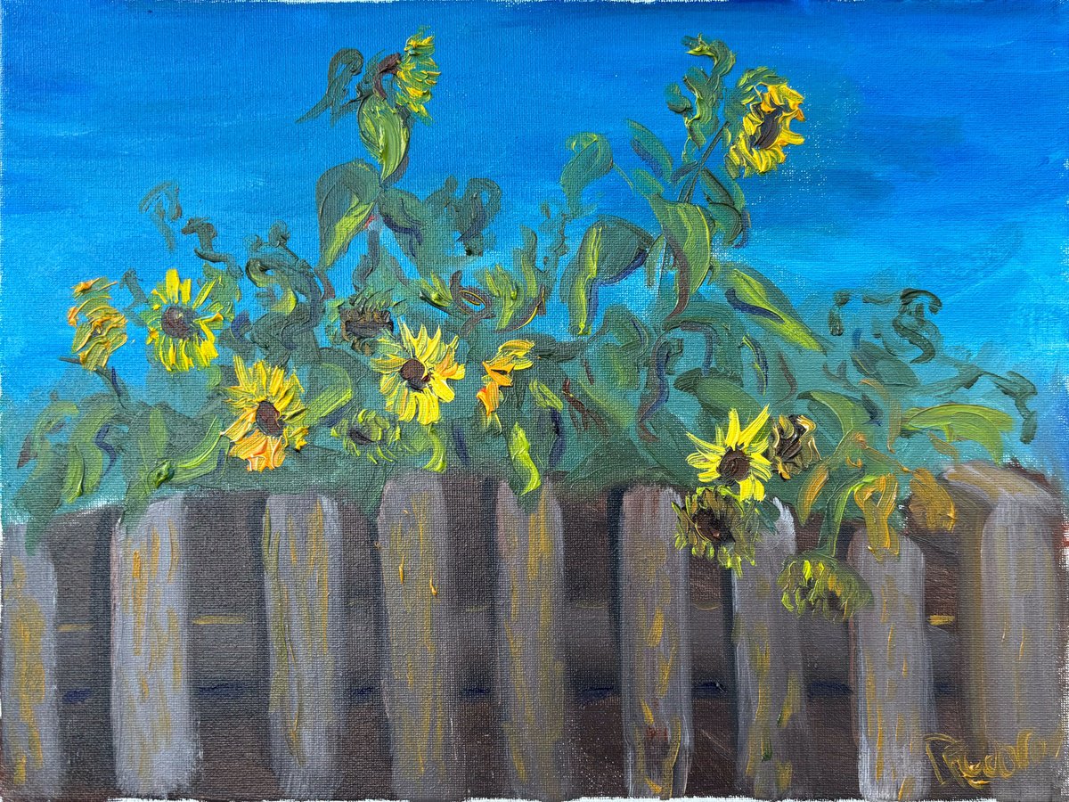 Impressionistic Botanical Oil Painting By Dmitry Fedorov, 16 X 12, Sunflowers Over De Fence, Original Artwork