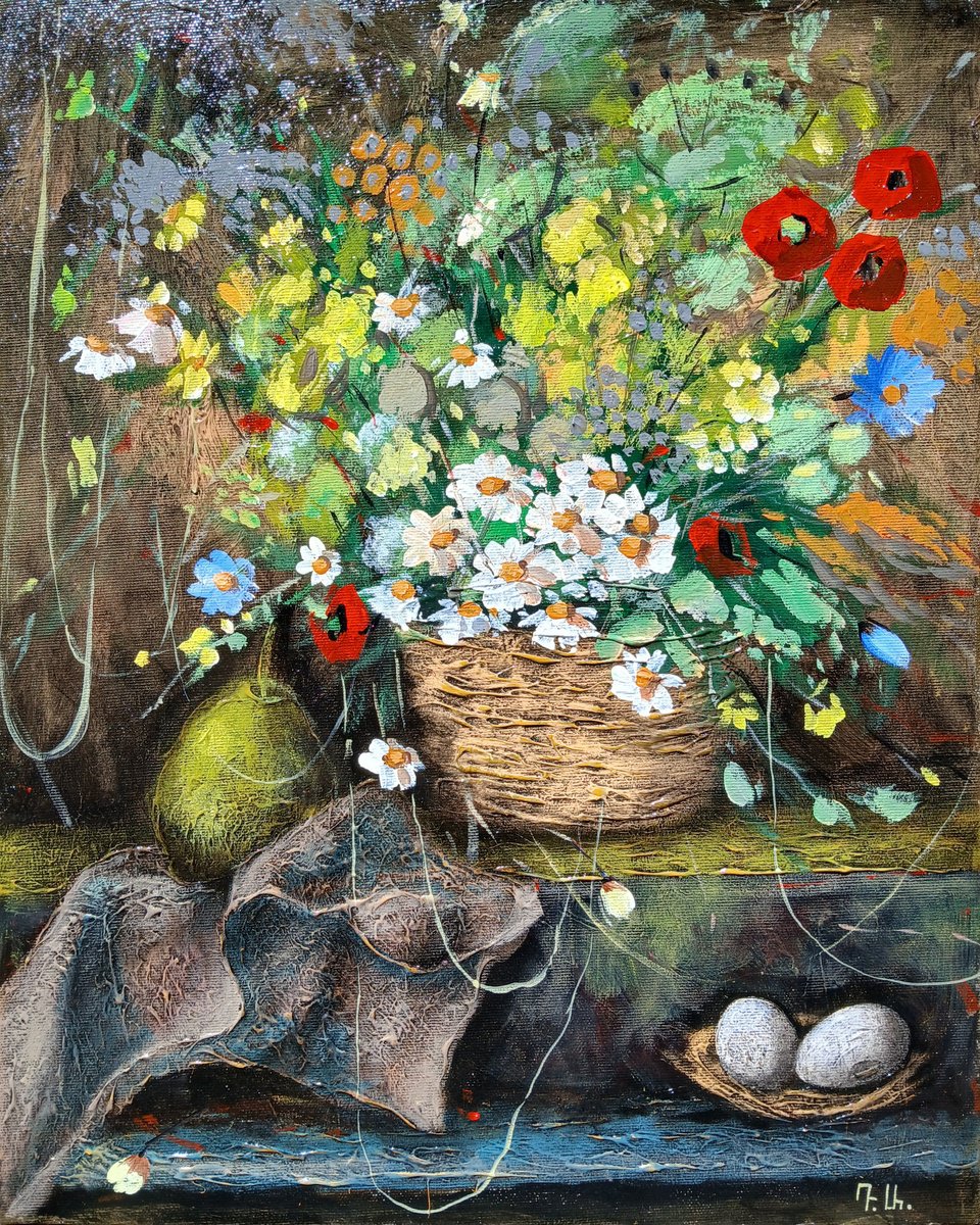 Impressionistic Still Life Acrylic Painting By Davit Arstamyan, 16 X 20, Meadow Composition, Original Artwork