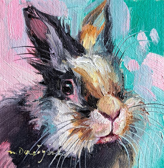 Cute rabbit painting original oil framed 4x4, Small framed art rabbit artwork turquoise purple background