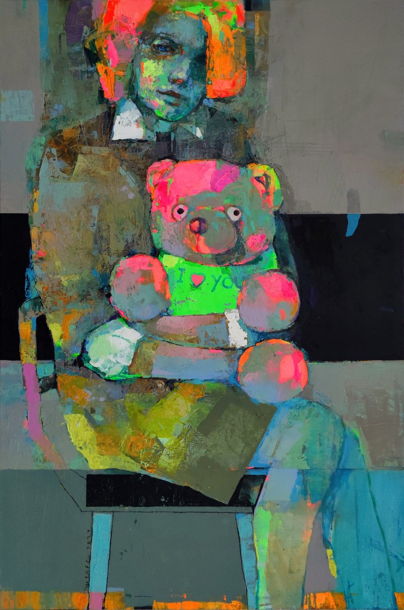 Urban And Pop Portrait Oil Painting By Victor Sheleg, 31 X 47", With My Teddy, Original Artwork