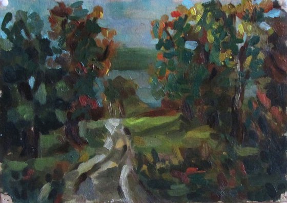 Wood road oil painting