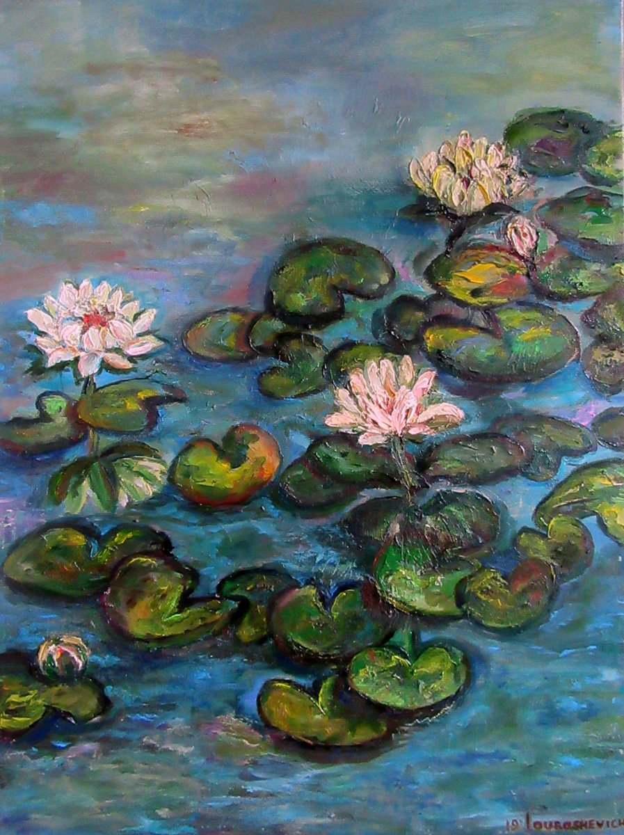 Impressionistic Botanical Oil Painting By Katia Ricci, 18 X 24", Water Lilies In A Pond, Original Artwork