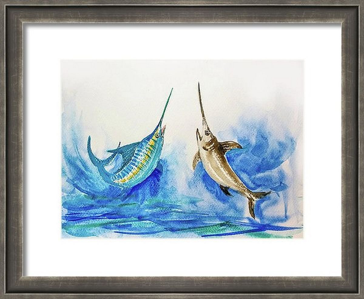 Fish watercolor painting 9x 12 Billfish Swordfish Marlin fish by Asha Shenoy