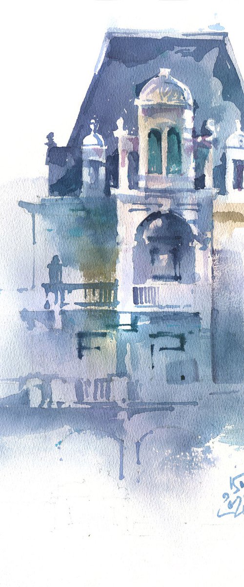 Architectural landscape in watercolor. Mansandra Palace in Yalta by Ksenia Selianko