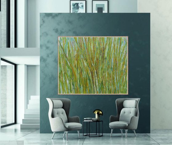 SINGING BAMBOO - Panel, India theme, pants and trees, floral art, large oil original painting, green colours, interior art